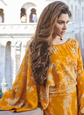 Yellow printed rayon long-kurtis 3
