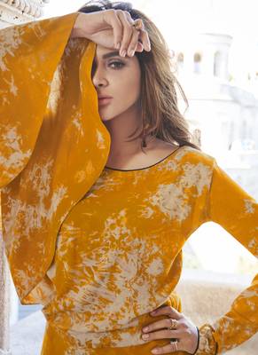 Yellow printed rayon long-kurtis 4