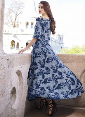 Sky-blue printed rayon long-kurtis 3