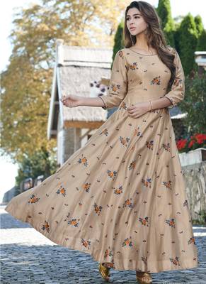 Cream embroidered satin long-kurtis 1