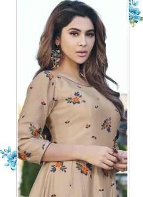 Cream embroidered satin long-kurtis 2