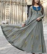 Grey embroidered satin long-kurtis