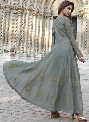 Grey embroidered satin long-kurtis 2