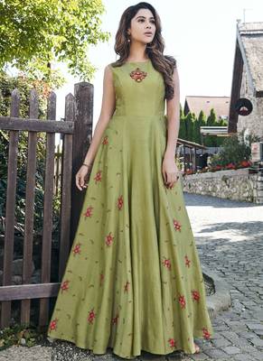 Sea-green embroidered satin long-kurtis 1