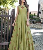 Sea-green embroidered satin long-kurtis