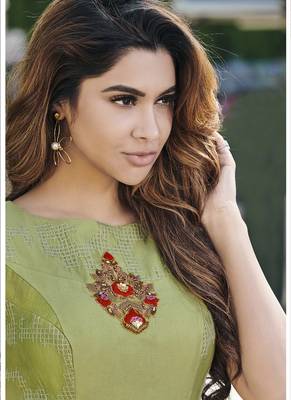 Sea-green embroidered satin long-kurtis 2