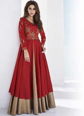 Red embroidered satin long-kurtis 1