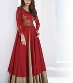 Red embroidered satin long-kurtis
