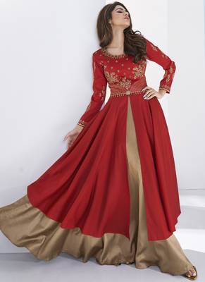 Red embroidered satin long-kurtis 2