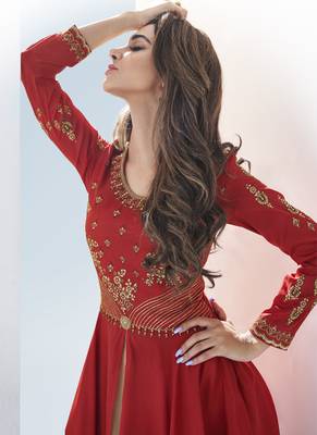 Red embroidered satin long-kurtis 3
