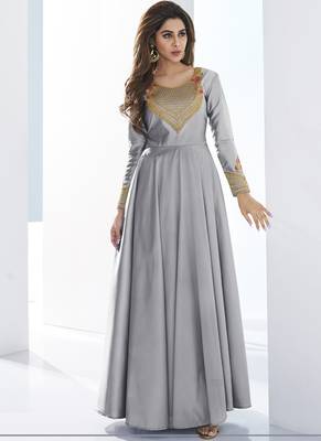 Grey embroidered satin long-kurtis 1