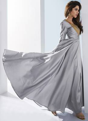 Grey embroidered satin long-kurtis 2