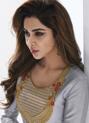 Grey embroidered satin long-kurtis 4