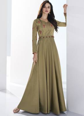 Beige embroidered satin long-kurtis 1