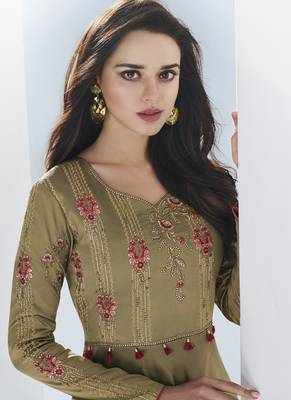 Beige embroidered satin long-kurtis 2