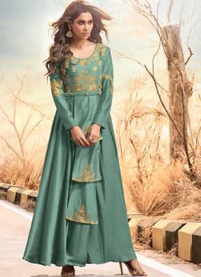 Light-green embroidered satin long-kurtis 1