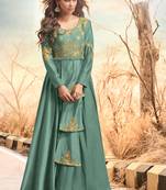 Light-green embroidered satin long-kurtis