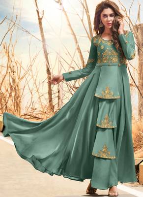 Light-green embroidered satin long-kurtis 2