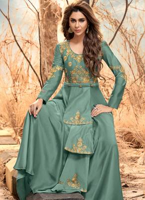 Light-green embroidered satin long-kurtis 3