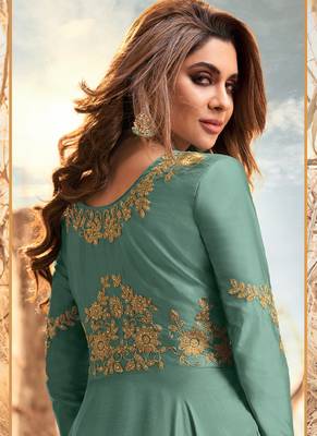 Light-green embroidered satin long-kurtis 4