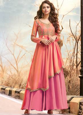 Peach embroidered satin long-kurtis 1