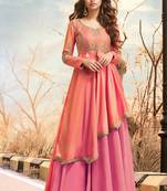 Peach embroidered satin long-kurtis