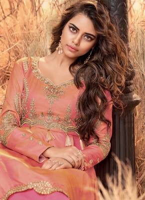 Peach embroidered satin long-kurtis 2