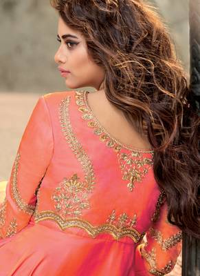 Peach embroidered satin long-kurtis 3