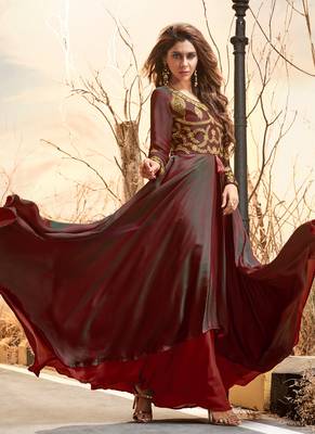 Brown embroidered satin long-kurtis 1