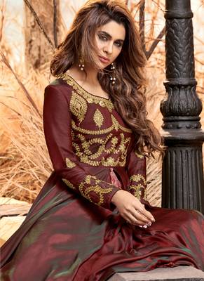 Brown embroidered satin long-kurtis 2