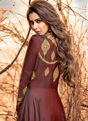 Brown embroidered satin long-kurtis 3