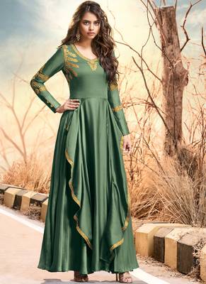 Sea-green embroidered satin long-kurtis 1