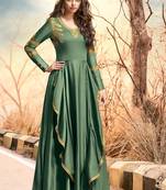 Sea-green embroidered satin long-kurtis