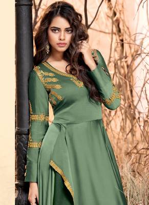Sea-green embroidered satin long-kurtis 2