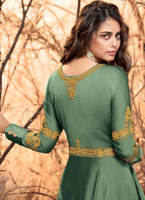 Sea-green embroidered satin long-kurtis 3