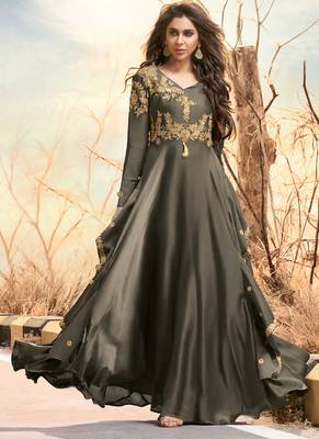 Dark-grey embroidered satin long-kurtis 1