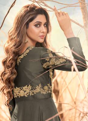 Dark-grey embroidered satin long-kurtis 2
