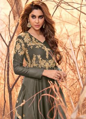 Dark-grey embroidered satin long-kurtis 3