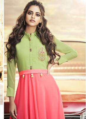 Peach embroidered georgette long-kurtis 2