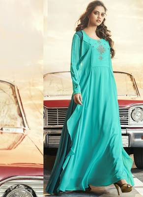 Turquoise embroidered georgette long-kurtis 1