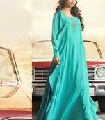 Turquoise embroidered georgette long-kurtis