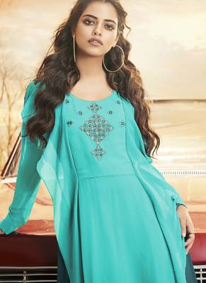 Turquoise embroidered georgette long-kurtis 2