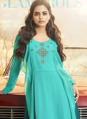 Turquoise embroidered georgette long-kurtis 3