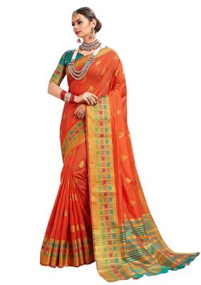 Orange woven cotton silk saree with blouse 1