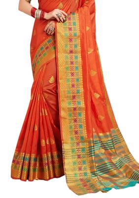 Orange woven cotton silk saree with blouse 2
