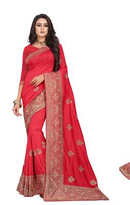 Red Embroidered Cotton Silk Saree With Blouse 1