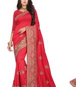 Red Embroidered Cotton Silk Saree With Blouse
