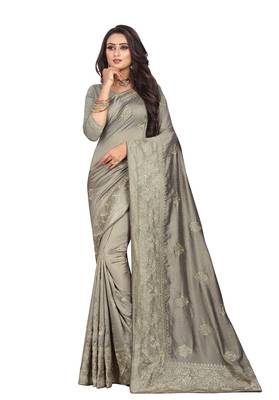 Grey Embroidered Cotton Silk Saree With Blouse 1