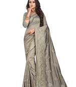 Grey Embroidered Cotton Silk Saree With Blouse