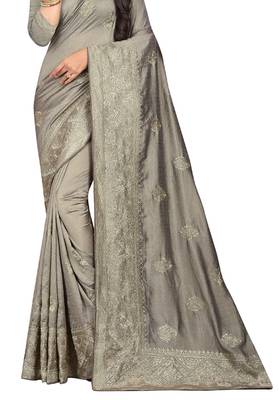 Grey Embroidered Cotton Silk Saree With Blouse 2